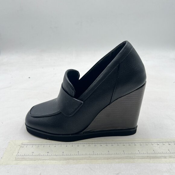 YDN Black Strappy Pumps Square Closed Toe Slip On Loafers Wedge High Heels Shoe - Picture 2 of 8